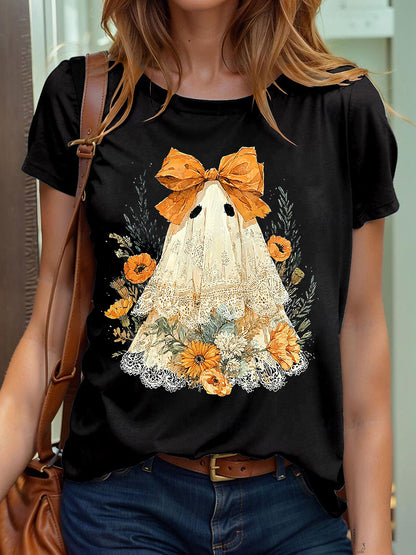 Women's Halloween Cute Lace Ghos Print T-Shirt