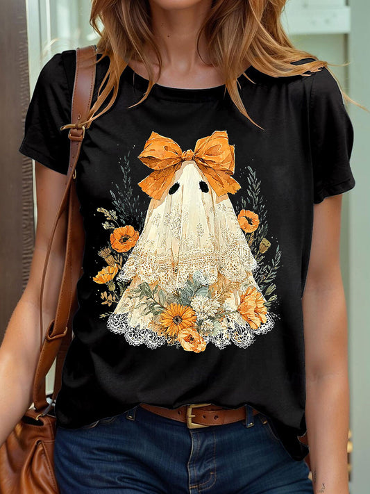 Women's Halloween Cute Lace Ghos Print T-Shirt