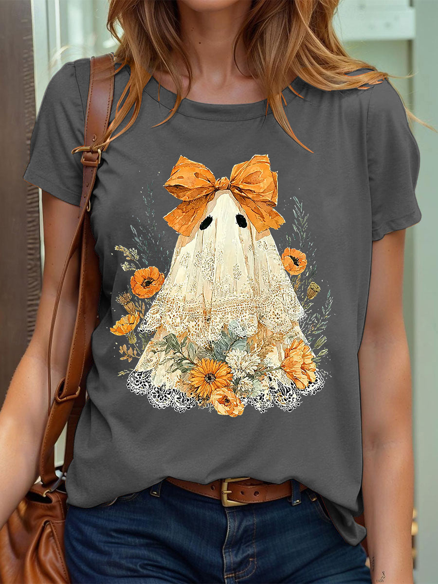 Women's Halloween Cute Lace Ghos Print T-Shirt