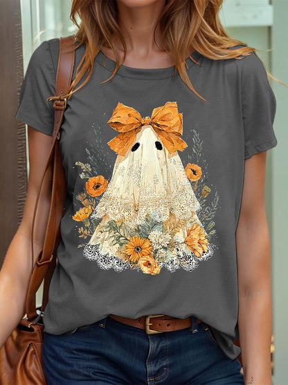 Women's Halloween Cute Lace Ghos Print T-Shirt