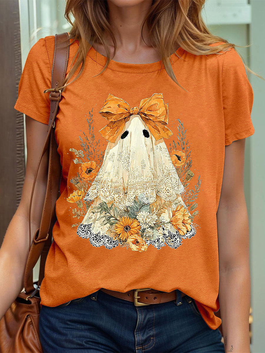 Women's Halloween Cute Lace Ghos Print T-Shirt