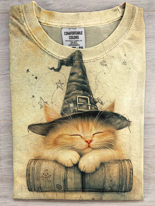 Halloween Wizard Cat Print Casual Short Sleeve T-Shirt