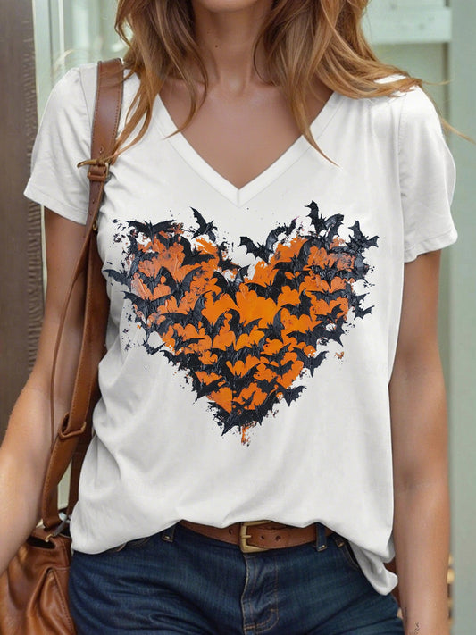 Women's Halloween Bat Heart Print T-Shirt