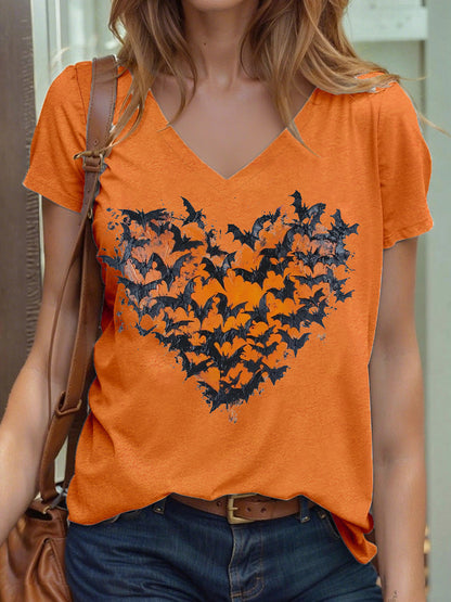 Women's Halloween Bat Heart Print T-Shirt