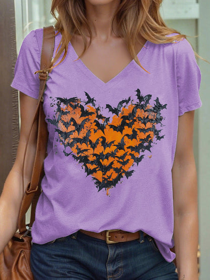 Women's Halloween Bat Heart Print T-Shirt