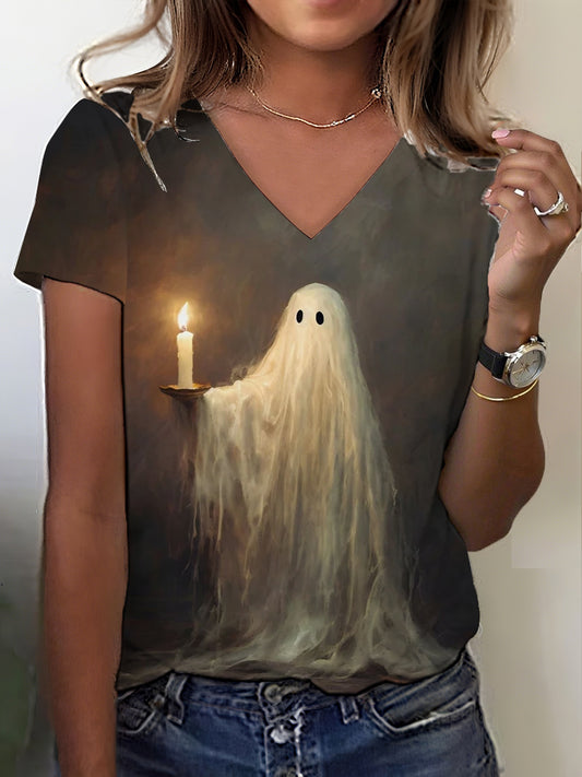 Women's Halloween Cute Ghost Holding Candle Printed T-shirt