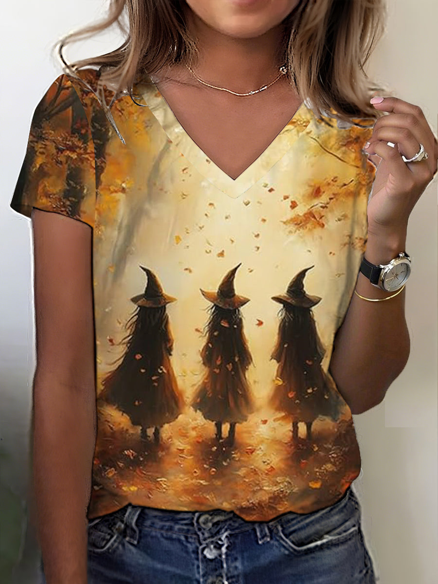 Women's Halloween Three Witches in Vintage Forest Print T-shirt
