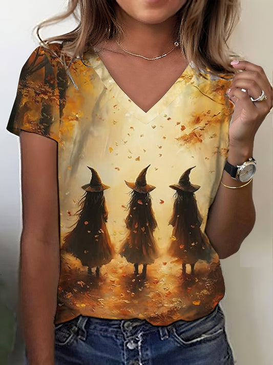 Women's Halloween Three Witches in Vintage Forest Print T-shirt