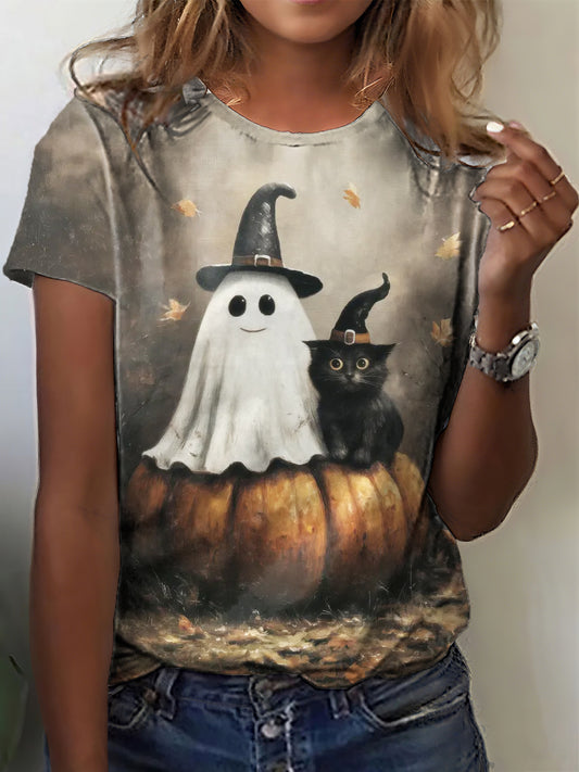Women's Halloween Cute Ghost and Black Cat in Dark Forest Print T-shirt