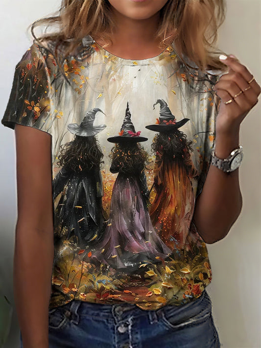 Women's Halloween Three Witches in Vintage Forest Print T-shirt