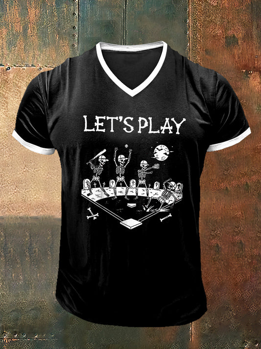 Men`s Let`s Play Baseball Printed Vintage Fashion Short Sleeve V-Neck T-Shirt