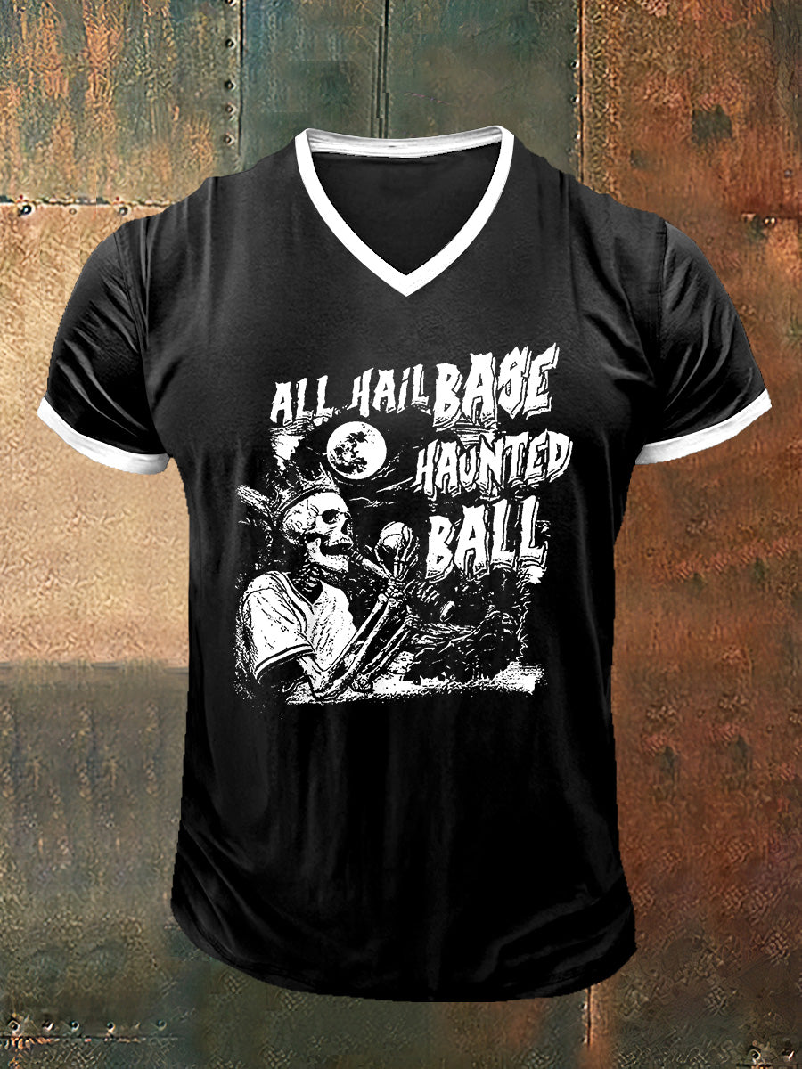 Men`s Baseball Skull Printed Vintage Fashion Short Sleeve V-Neck T-Shirt