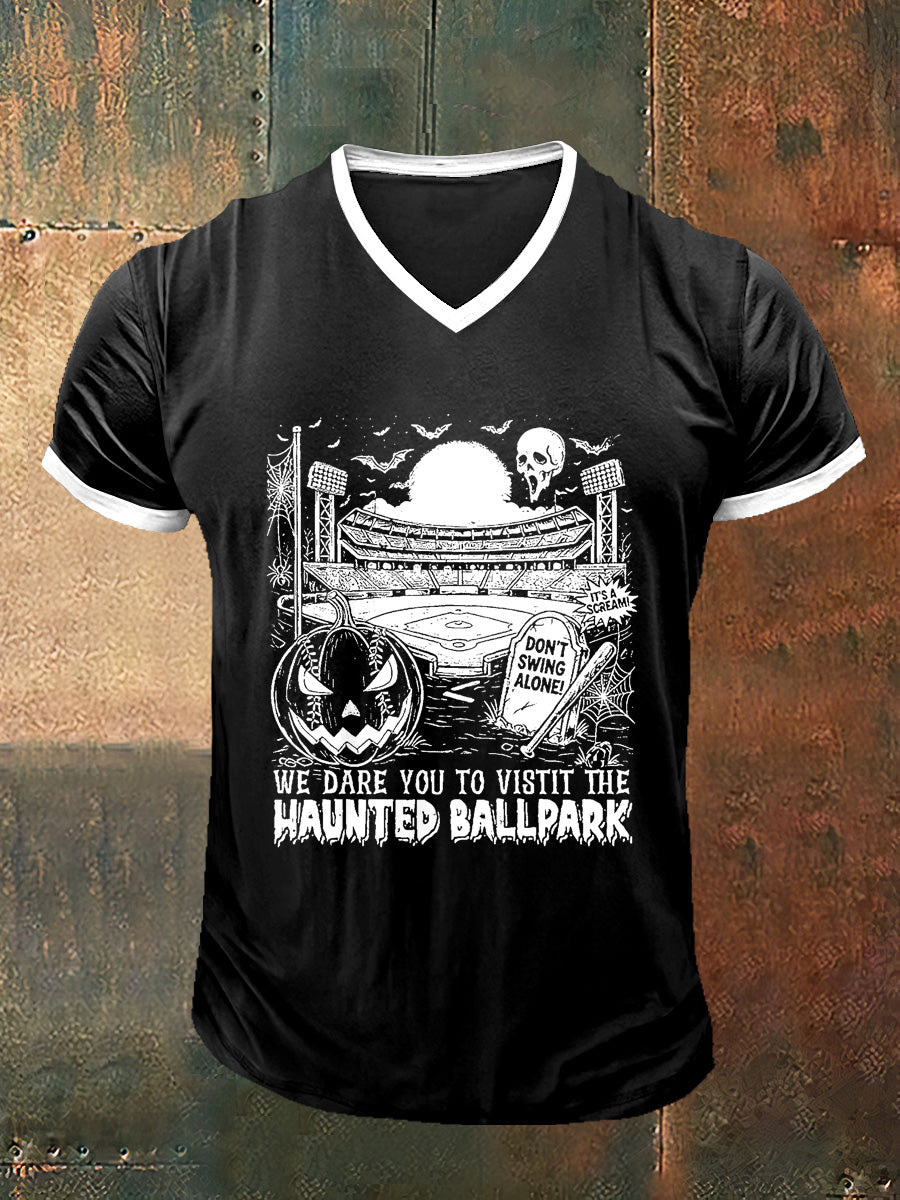 Men`s Skull Printed Vintage Fashion Short Sleeve V-Neck T-Shirt