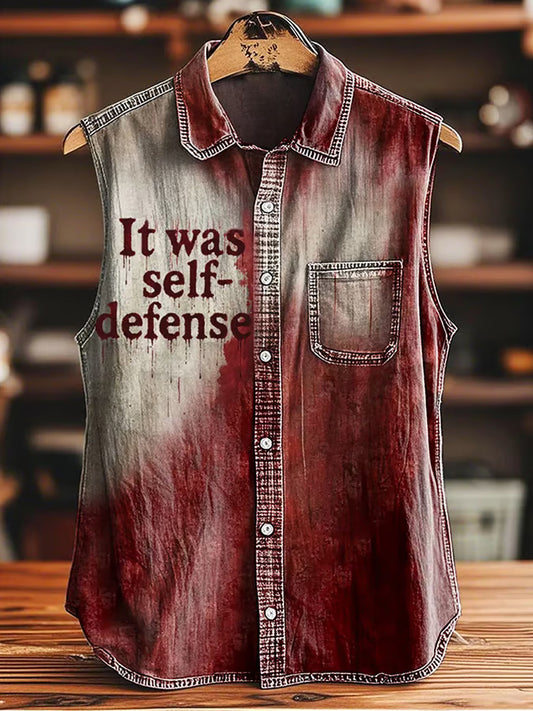 Men's Halloween It Was Self-Defense Bloodstained Print Vintage Casual Sleeveless Shirt