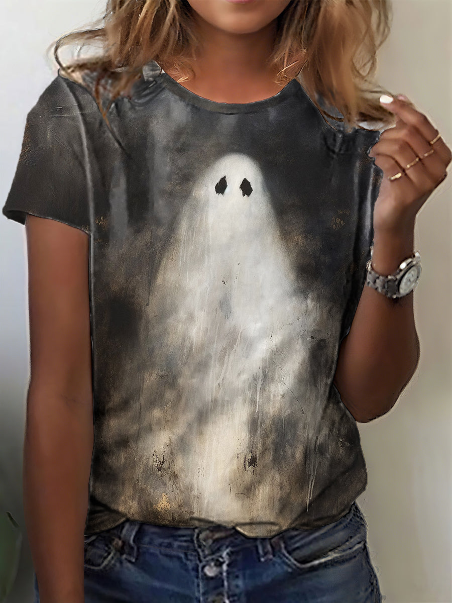 Women's Halloween Art Ghost Print T-Shirt
