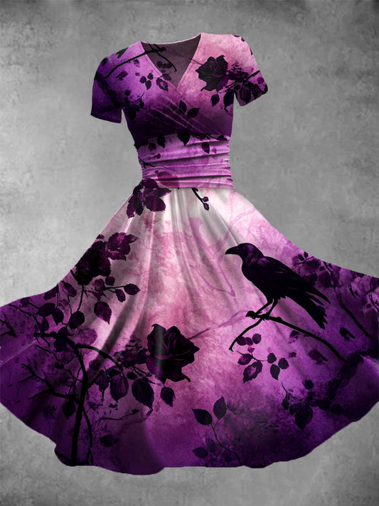 Women's Vintage Crow Art Print Casual Dress