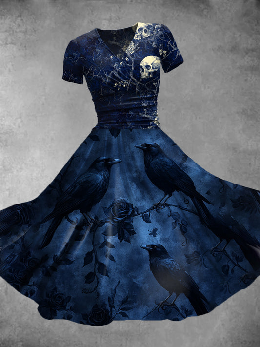 Women's Vintage Crow Art Print Casual Dress
