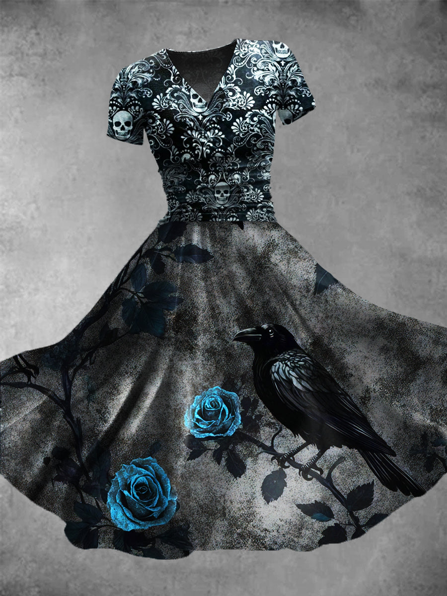Women's Vintage Crow Art Print Casual Dress