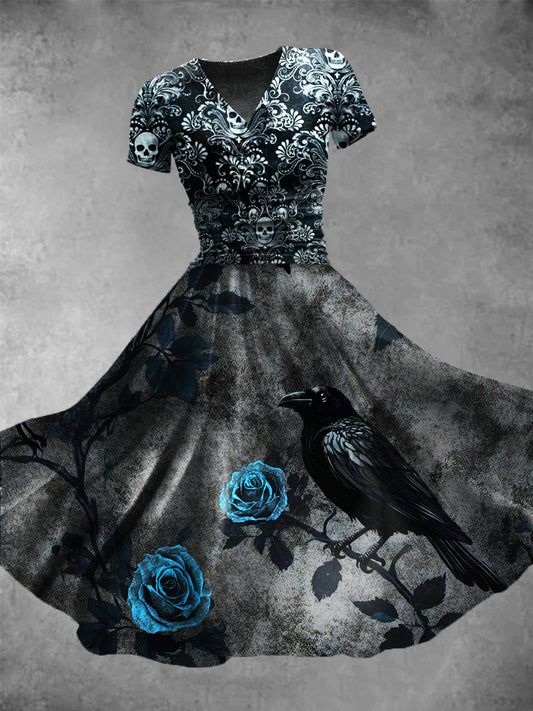 Women's Vintage Crow Art Print Casual Dress