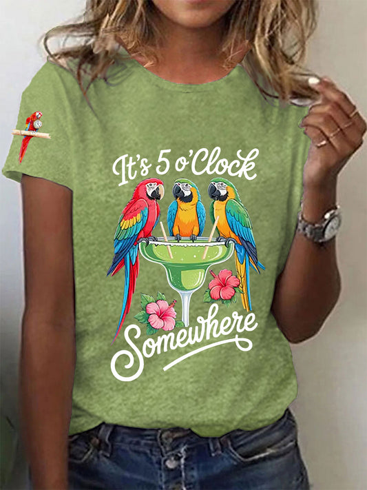 Women's It‘s 5 O'clock Somewhere Parrot Print Casual O-Neck Tee
