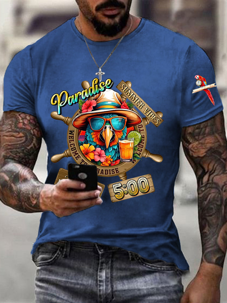 Men's Always Happy Hour Paradise It's 5 o'clock  Parrot Print Casual Short Sleeve Tee