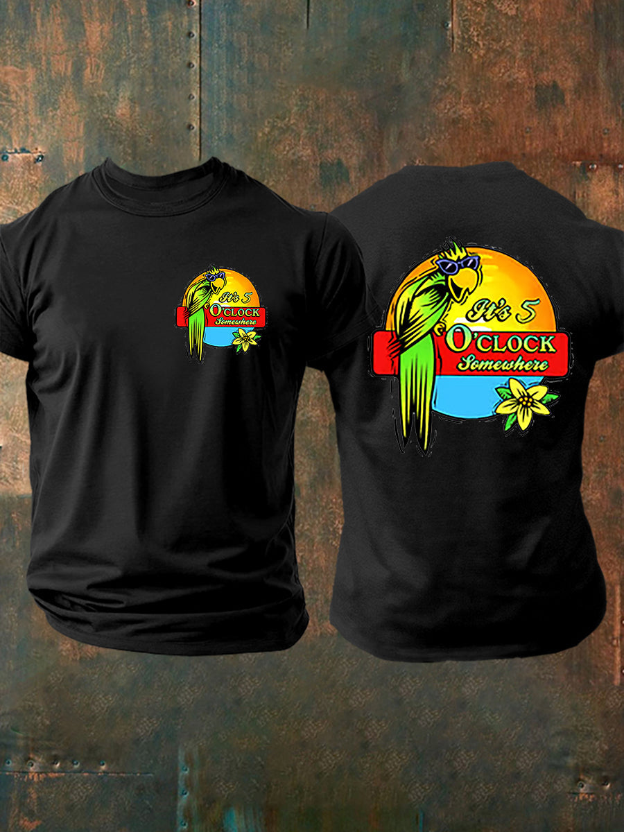 Men's It's 5:00 Somewhere Always Happy Hour Paradise Parrot Print Casual Short Sleeve Tee