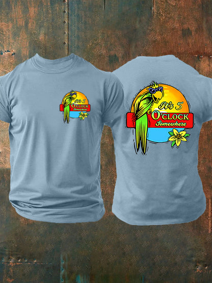 Men's It's 5:00 Somewhere Always Happy Hour Paradise Parrot Print Casual Short Sleeve Tee