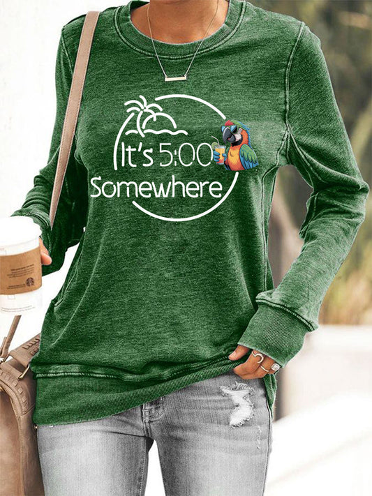 Women's It‘s 5 O'clock Somewhere Parrot Print Casual Sweatshirt