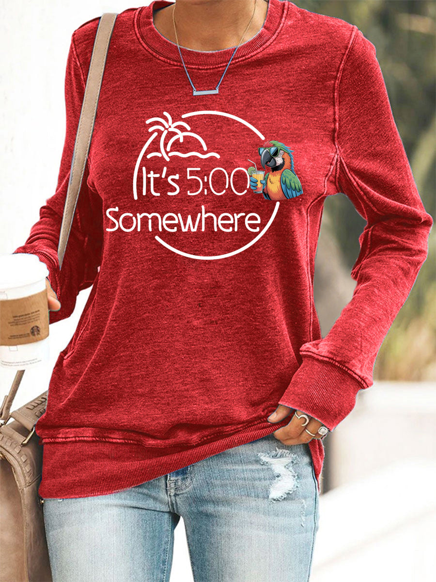 Women's It‘s 5 O'clock Somewhere Parrot Print Casual Sweatshirt