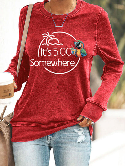 Women's It‘s 5 O'clock Somewhere Parrot Print Casual Sweatshirt