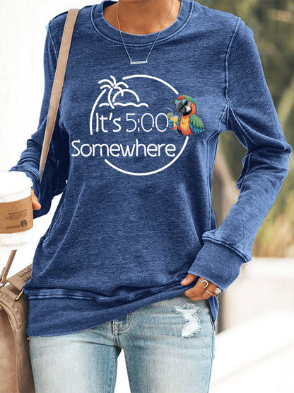 Women's It‘s 5 O'clock Somewhere Parrot Print Casual Sweatshirt
