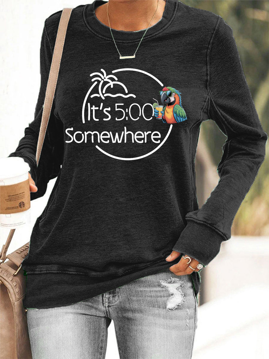 Women's It‘s 5 O'clock Somewhere Parrot Print Casual Sweatshirt