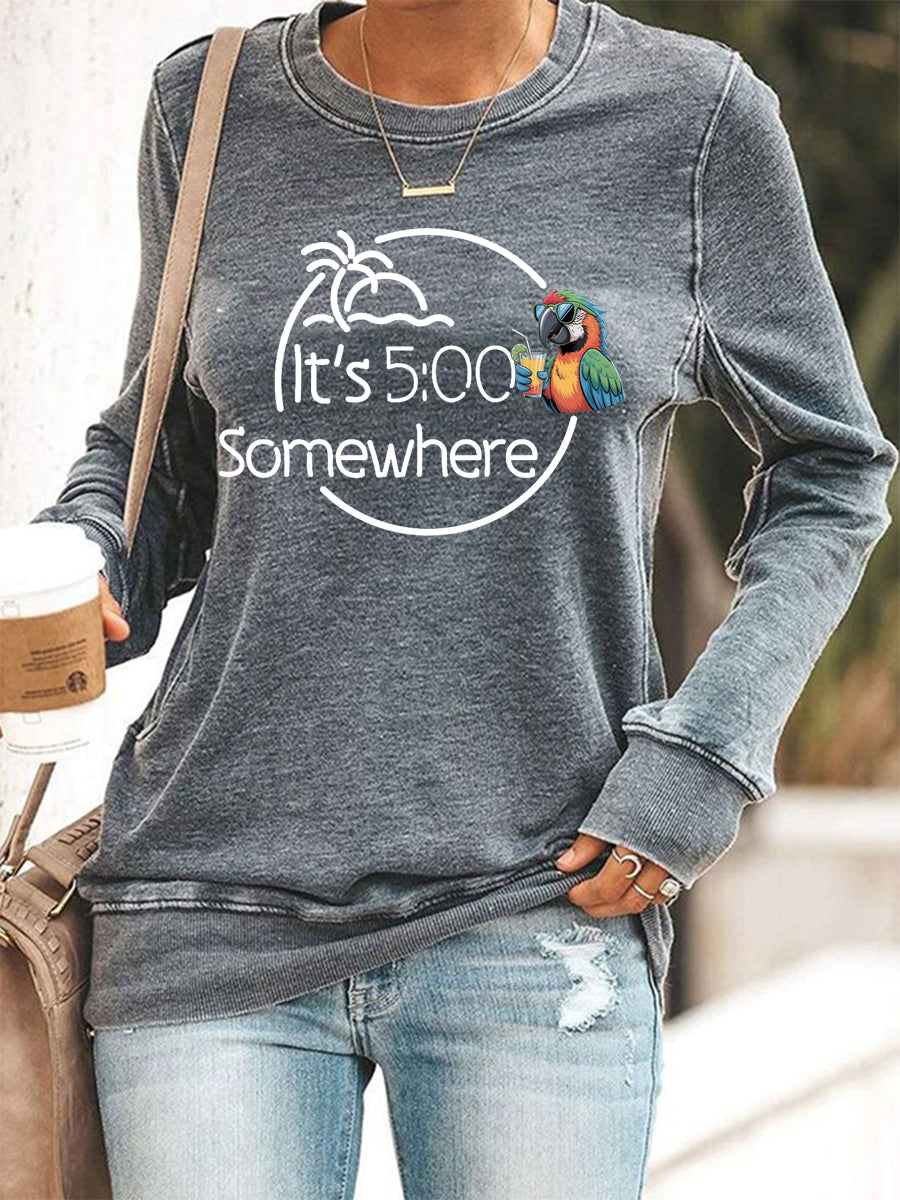 Women's It‘s 5 O'clock Somewhere Parrot Print Casual Sweatshirt