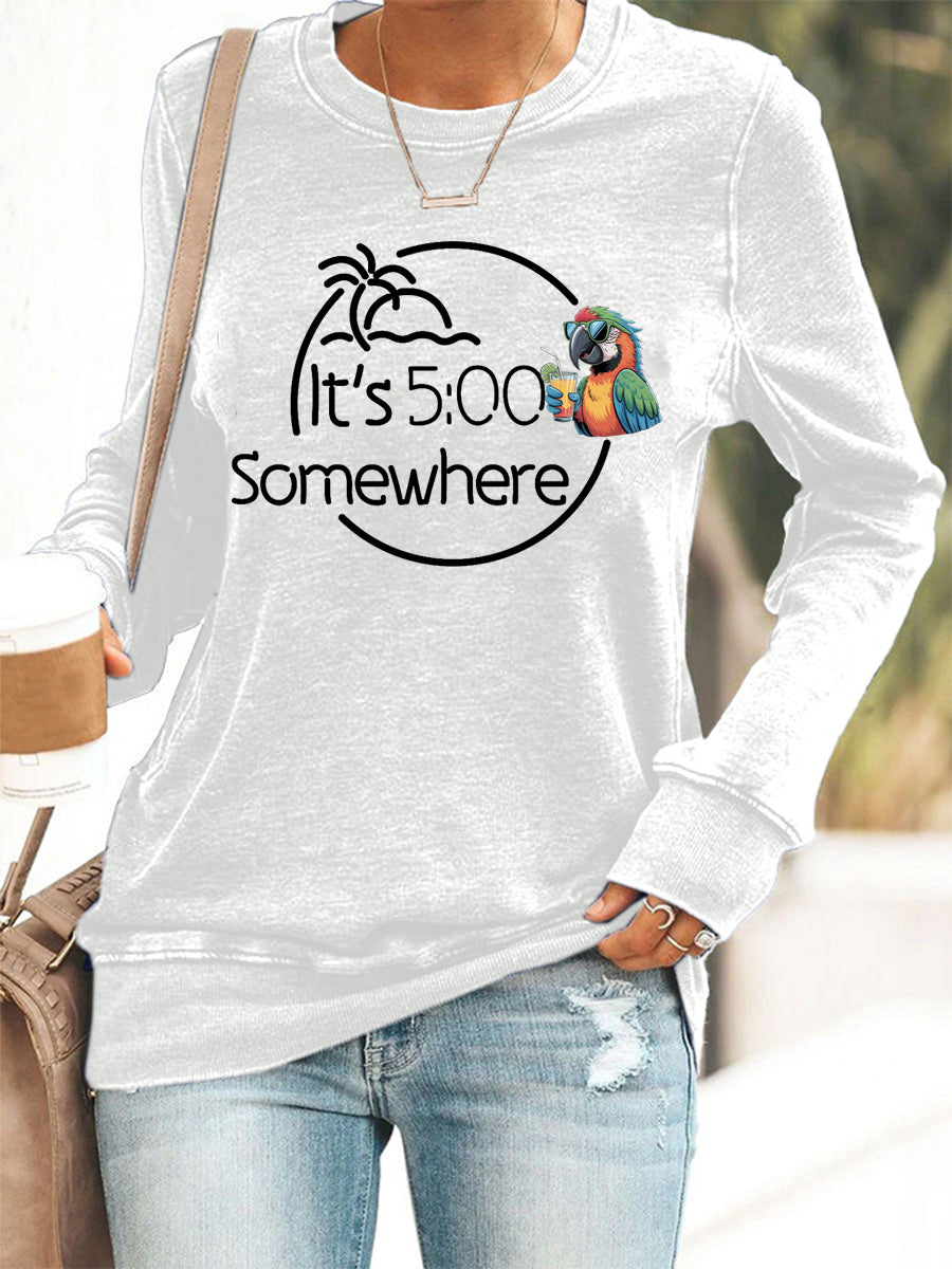 Women's It‘s 5 O'clock Somewhere Parrot Print Casual Sweatshirt