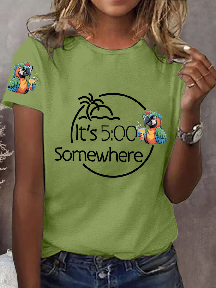 Women's It‘s 5 O'clock Somewhere Parrot Print Casual Tee