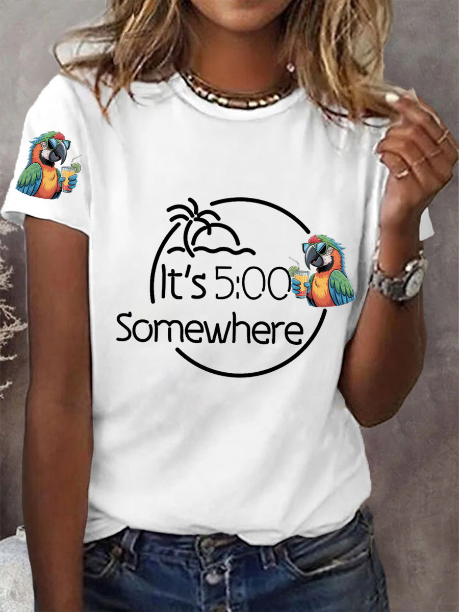 Women's It‘s 5 O'clock Somewhere Parrot Print Casual Tee