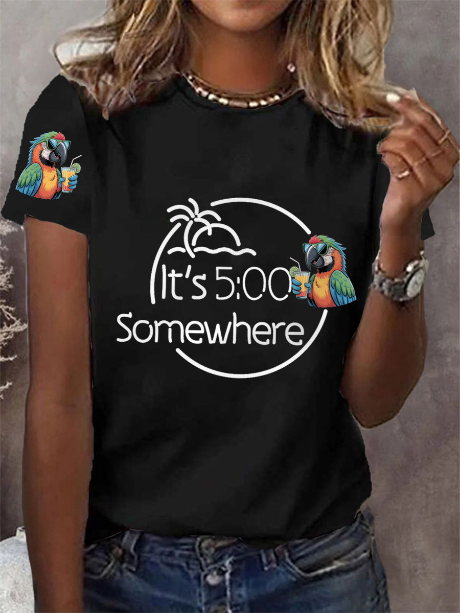 Women's It‘s 5 O'clock Somewhere Parrot Print Casual Tee
