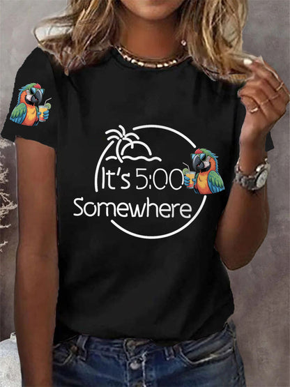 Women's It‘s 5 O'clock Somewhere Parrot Print Casual Tee