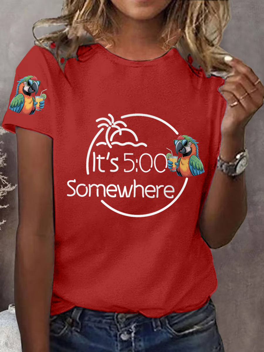 Women's It‘s 5 O'clock Somewhere Parrot Print Casual Tee