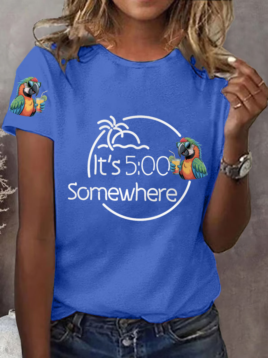 Women's It‘s 5 O'clock Somewhere Parrot Print Casual Tee