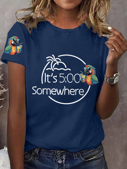 Women's It‘s 5 O'clock Somewhere Parrot Print Casual Tee