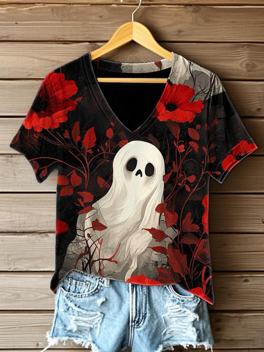 Women's Halloween  Printed V-neck T-shirt