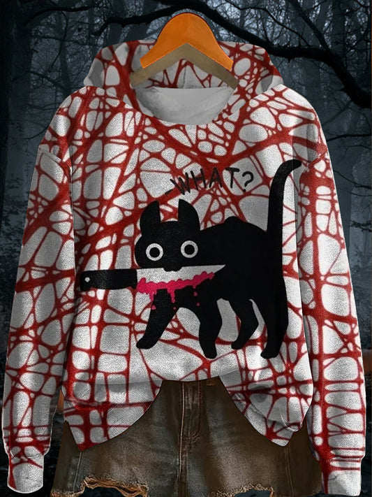 Women's Funny Halloween Blood stain Black Cat With Knife Print Crew Neck Sweatshirt