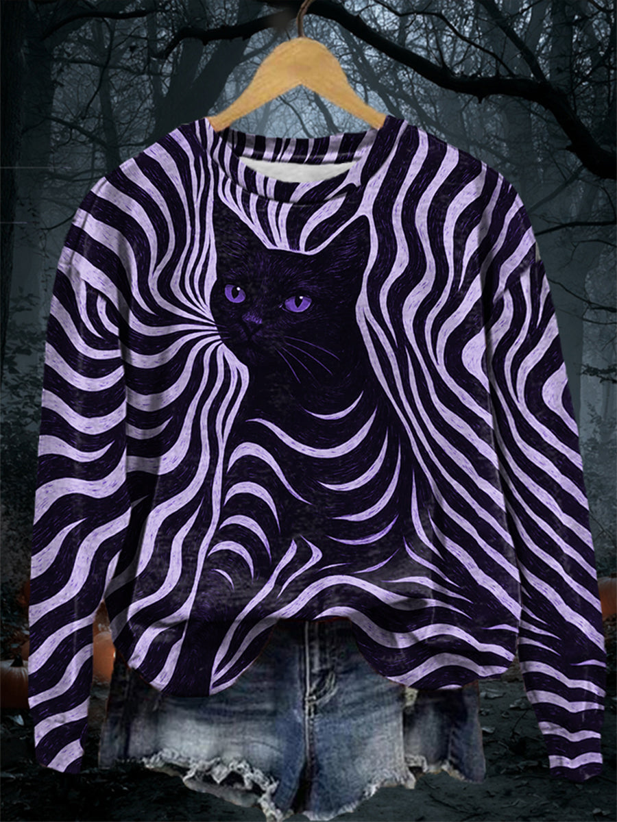 Women's Halloween Black Cat Stripes Print Casual Sweatshirt