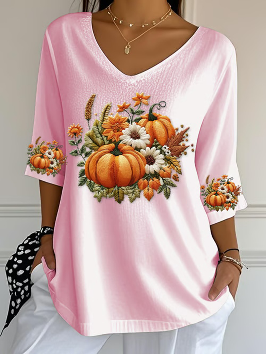 Women's Autumn Pumpkin Print Casual T-Shirt