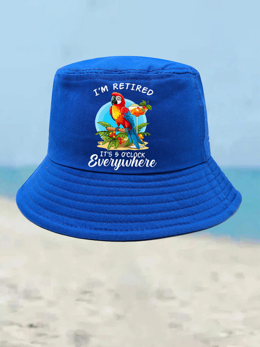 Unisex I'm Retired It's 5 O'clock Somewhere Parrot Print Bucket hat