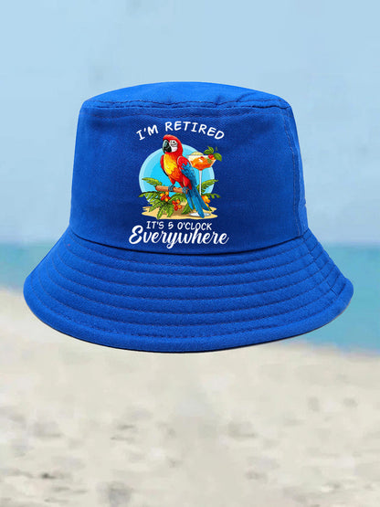 Unisex I'm Retired It's 5 O'clock Somewhere Parrot Print Bucket hat