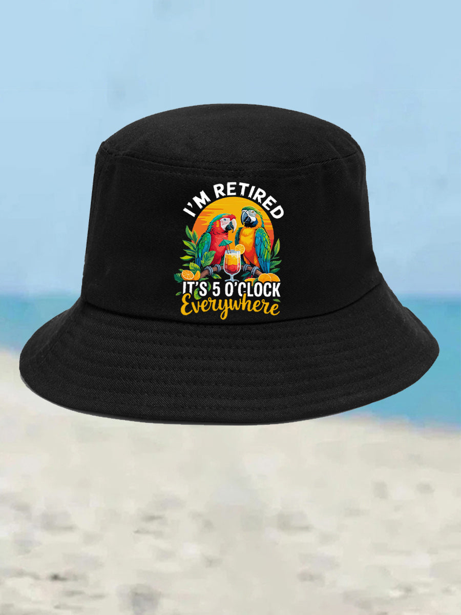 Unisex I'm Retired It's 5 O'clock Somewhere Parrot Print Bucket hat