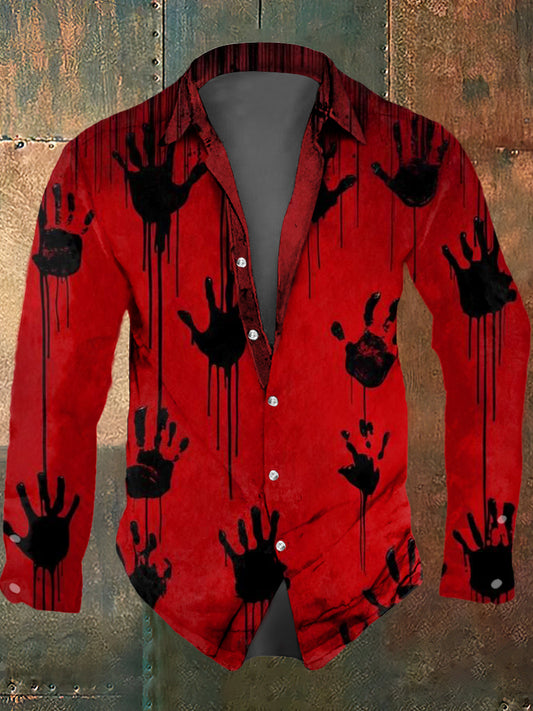 Men's Halloween Blood Palm Print Casual Long Sleeved Shirt