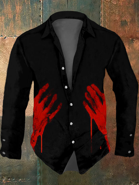 Men's Halloween Blood Palm Print Casual Long Sleeved Shirt